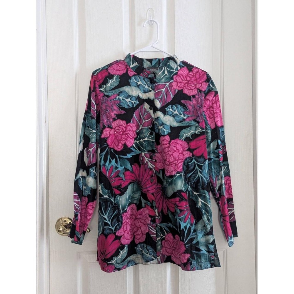 Additions by Chico's Women's 2 Floral Button Up Blouse Long Sleeve Boho Art